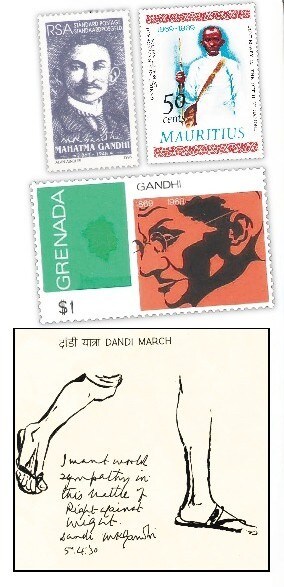 (Clockwise from top left) Gandhi stamps issued in South Africa, Mauritius, Grenada and the cover of a special edition of Gandhi stamps issued in India. (Clockwise from top left) Gandhi stamps issued in South Africa, Mauritius, Grenada and the cover of a special edition of Gandhi stamps issued in India.