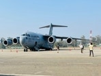 A US military aircraft carrying illegal Indian immigrants upon its landing at the Shri Guru Ramdas Ji International Airport, in Amritsar, Punjab, on February 5, 2025. 
