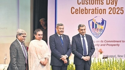 ( L TO R) Samanjasa Das, Principal Chief Commissioner of Delhi Customs CBIC, ,Aruna N Gupta Member, Admin and Vigilance of CBIC, Surjit Bhujabal, Member (Customs) , M K Singh Member, Compliance Management CBIC during International Customs day celebrations 2025 at CSOI Auditorium in New Delhi, India, on Saturday, February 15, 2025. (Hindustan Times)