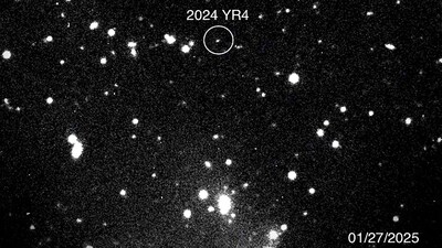 This handout picture provided by NASA on January 31, 2025 shows asteroid 2024 YR4 as observed by the Magdalena Ridge 2.4m telescope at the New Mexico Institute of Technology on January 27, 2025. (AFP) This handout picture provided by NASA on January 31, 2025 shows asteroid 2024 YR4 as observed by the Magdalena Ridge 2.4m telescope at the New Mexico Institute of Technology on January 27, 2025. (AFP)