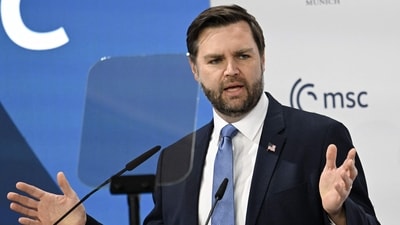 JD Vance delivers his speech during the 61st Munich Security Conference (MSC) in Munich, southern Germany on February 14, 2025. (Photo by THOMAS KIENZLE / AFP) (AFP)