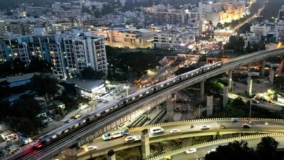 An aerial view shows the Namma Metro train of Bengaluru Metro Rail Corporation Limited (BMRCL), riding over a flyover in Bengaluru. (AFP) An aerial view shows the Namma Metro train of Bengaluru Metro Rail Corporation Limited (BMRCL), riding over a flyover in Bengaluru. (AFP)