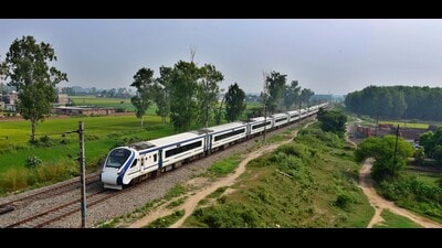 Ludhiana, India – October 03, 2019: New Delhi - Sri Vaishno Devi Katra Vande Bharat Express train passing from Ludhiana, towards Katra, during its inaugural run on Thursday, October 03, 2019. (Photo by Gurpreet Singh/Hindustan Times) Ludhiana, India – October 03, 2019: New Delhi - Sri Vaishno Devi Katra Vande Bharat Express train passing from Ludhiana, towards Katra, during its inaugural run on Thursday, October 03, 2019. (Photo by Gurpreet Singh/Hindustan Times)