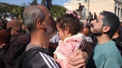 A former Palestinian prisoner, released in the sixth hostage-prisoner swap, is warmly reunited with family as he arrives at the European Hospital in Khan Yunis, southern Gaza Strip, on February 15, 2025. (Photo by Eyad BABA / AFP) (AFP)