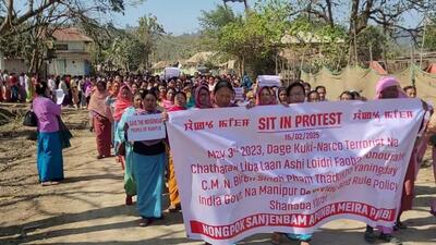 The protesters marched through the Nongpok Sanjenbam area in Manipur’s Imphal East district. The protesters marched through the Nongpok Sanjenbam area in Manipur’s Imphal East district.