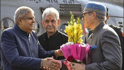 Vice-President Jagdeep Dhankhar being received by Jammu and Kashmir lieutenant governor Manoj Sinha and chief minister Omar Abdullah upon his arrival in Jammu on Saturday. (PTI Photo) Vice-President Jagdeep Dhankhar being received by Jammu and Kashmir lieutenant governor Manoj Sinha and chief minister Omar Abdullah upon his arrival in Jammu on Saturday. (PTI Photo)