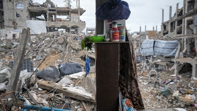 Destroyed walls expose the devastation outside the Odeh house in the Jabaliya refugee camp in the northern Gaza Strip (Abdel Kareem Hana/AP) Destroyed walls expose the devastation outside the Odeh house in the Jabaliya refugee camp in the northern Gaza Strip (Abdel Kareem Hana/AP)