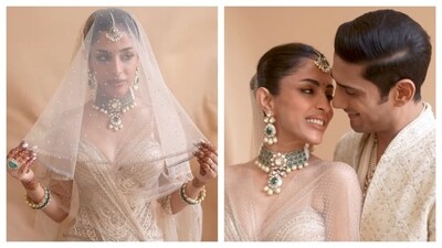 Priya Banerjee wore a resham-embroidered fishtail skirt, adorned with crystals, sequins, pearls, and beads, paired with a structured corset. The signature Tarun Tahiliani crystal drape and veil bring together opulence and fluidity, capturing the poetry of the moment. Priya Banerjee wore a resham-embroidered fishtail skirt, adorned with crystals, sequins, pearls, and beads, paired with a structured corset. The signature Tarun Tahiliani crystal drape and veil bring together opulence and fluidity, capturing the poetry of the moment.