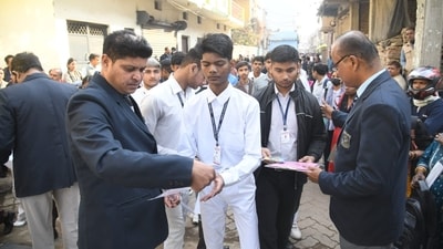Students waiting in queue before entering St. Dominic Savio's High School Danapur in Patna to appear for CBSE 10th board exam. (Santosh Kumar ) Students waiting in queue before entering St. Dominic Savio's High School Danapur in Patna to appear for CBSE 10th board exam. (Santosh Kumar )