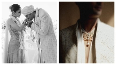 Prateik Babbar wore a silk drape shirt, seamlessly paired with a pre-stitched charmeuse dhoti, cinched at the waist with a pleated kamarband. Describing his look, Tarun Tahiliani arote, "A sherwani jacket, intricately hand-embroidered with chikankari and delicate French knots, completes the look. His custom necklace — Swarovski ivory pearls entwined with floral motifs, each set with shimmering crystals and finished with a TT (Tarun Tahiliani) charm — embodies the essence of India modern." Prateik Babbar wore a silk drape shirt, seamlessly paired with a pre-stitched charmeuse dhoti, cinched at the waist with a pleated kamarband. Describing his look, Tarun Tahiliani arote, "A sherwani jacket, intricately hand-embroidered with chikankari and delicate French knots, completes the look. His custom necklace — Swarovski ivory pearls entwined with floral motifs, each set with shimmering crystals and finished with a TT (Tarun Tahiliani) charm — embodies the essence of India modern."