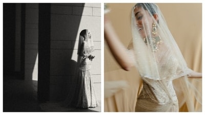 Priya Banerjee wore a resham-embroidered fishtail skirt, adorned with crystals, sequins, pearls, and beads, paired with a structured corset. The signature Tarun Tahiliani crystal drape and veil bring together opulence and fluidity, capturing the poetry of the moment. Priya Banerjee wore a resham-embroidered fishtail skirt, adorned with crystals, sequins, pearls, and beads, paired with a structured corset. The signature Tarun Tahiliani crystal drape and veil bring together opulence and fluidity, capturing the poetry of the moment.