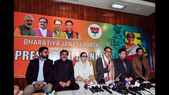 Union minister for parliamentary affairs and minority affairs Kiren Rijiju along with senior Jammu and Kashmir BJP leaders during a press conference in Srinagar on Saturday. (ANI)
