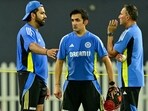 India's captain Rohit Sharma talks with head coach Gautam Gambhir (C) and chief selector Ajit Agarkar (R) during a practice session India's captain Rohit Sharma talks with head coach Gautam Gambhir (C) and chief selector Ajit Agarkar (R) during a practice session
