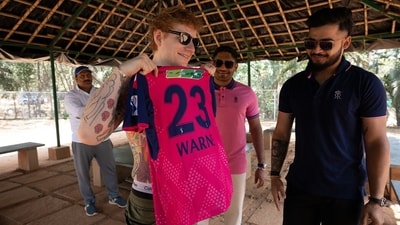 Ed Sheeran, in Bengaluru, played cricket with IPL team Rajasthan Royals' stars Riyan Parag and Tushar Deshpande. Ed Sheeran, in Bengaluru, played cricket with IPL team Rajasthan Royals' stars Riyan Parag and Tushar Deshpande.