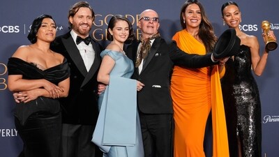Adriana Paz, from left, Edgar Ramirez, Selena Gomez, Jacques Audiard, Karla Sofia Gascon, and Zoe Saldana pose in the press room with the award for best motion picture - musical or comedy for "Emilia Perez" during the 82nd Golden Globes on Sunday, Jan. 5, 2025, at the Beverly Hilton in Beverly Hills, Calif. (AP Photo/Chris Pizzello) (Chris Pizzello/Invision/AP) Adriana Paz, from left, Edgar Ramirez, Selena Gomez, Jacques Audiard, Karla Sofia Gascon, and Zoe Saldana pose in the press room with the award for best motion picture - musical or comedy for "Emilia Perez" during the 82nd Golden Globes on Sunday, Jan. 5, 2025, at the Beverly Hilton in Beverly Hills, Calif. (AP Photo/Chris Pizzello) (Chris Pizzello/Invision/AP)