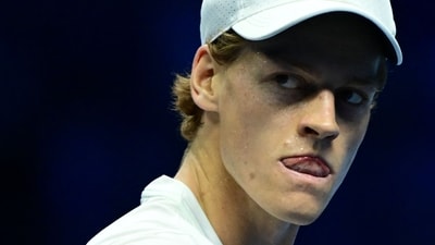 Jannik Sinner reacts during a match. (AFP) Jannik Sinner reacts during a match. (AFP)