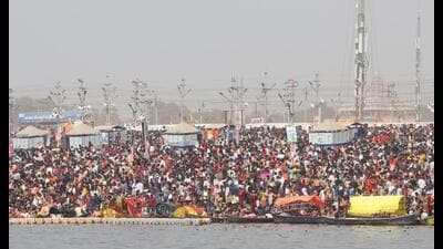 Rush of pilgrims at bathing ghats near Sangam in Prayagraj on February 16. (HT photo) Rush of pilgrims at bathing ghats near Sangam in Prayagraj on February 16. (HT photo)