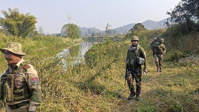 Security personnel conduct a search operation in a fringe and vulnerable area of Manipur. (@manipur_police) Security personnel conduct a search operation in a fringe and vulnerable area of Manipur. (@manipur_police)