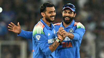 Spin-bowling allrounders Axar Patel (L) and Ravindra Jadeja, celebrating a wicket during the recent ODI series against England, will be key to India’s Champions Trophy campaign. (AFP)