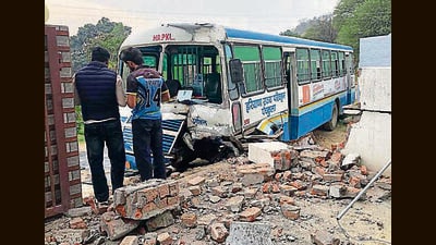The Haryana Roadways bus at the crash site after its driver lost control and crashed into a house near Raipur Rani. (Sant Arora/HT)