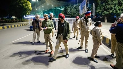 Security personnel outside the Amritsar airport ahead of the second batch of the immigrants' arrival from the US, in Amritsar, Saturday, February 15, 2025. (PTI) Security personnel outside the Amritsar airport ahead of the second batch of the immigrants' arrival from the US, in Amritsar, Saturday, February 15, 2025. (PTI)