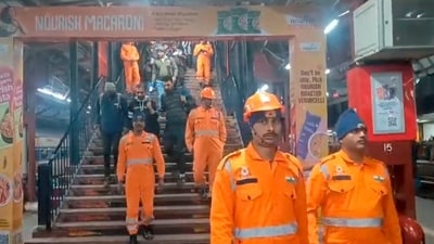 NDRF personnel deployed at New Delhi Railway Station on early Sunday, February 16, 2025, at platforms 14 and 15. following the Saturday's stampede (PTI) NDRF personnel deployed at New Delhi Railway Station on early Sunday, February 16, 2025, at platforms 14 and 15. following the Saturday's stampede (PTI)