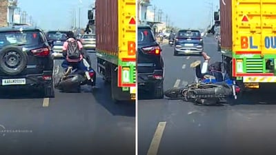 A viral dashcam video shows three bike riders narrowly escaping death on the Ranchi-Patna highway after a collision (X/@Prateek34381357) A viral dashcam video shows three bike riders narrowly escaping death on the Ranchi-Patna highway after a collision (X/@Prateek34381357)