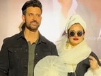 Rekha poses with Hrithik Roshan at The Roshans success bash. 
