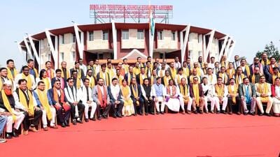 Assam Governor Lakshman Prasad Acharya poses for a group picture with chief minister Himanta Biswa Sarma and other MLAs at Bodoland Territorial Council (EIC) assembly in Kokrajhar on Monday. (ANI Photo)