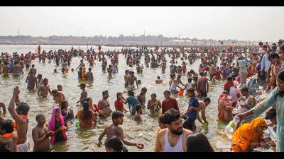 Devotees take a dip at Triveni Sangam during the ongoing Mahakumbh, in Prayagraj on Monday. (ANI) Devotees take a dip at Triveni Sangam during the ongoing Mahakumbh, in Prayagraj on Monday. (ANI)