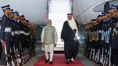 Prime Minister Narendra Modi received Qatar Amir Sheikh Tamim Bin Hamad Al Thani in Delhi. (X/MEAIndia) Prime Minister Narendra Modi received Qatar Amir Sheikh Tamim Bin Hamad Al Thani in Delhi. (X/MEAIndia)