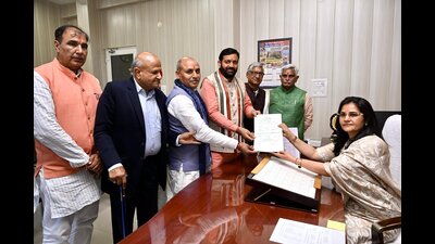 Nayab Singh Saini was present in Rohtak during nomination filing of Bharatiya Janata party (BJP) candidate Ram Avtar Valmiki on the last day on Monday. (Sourced)