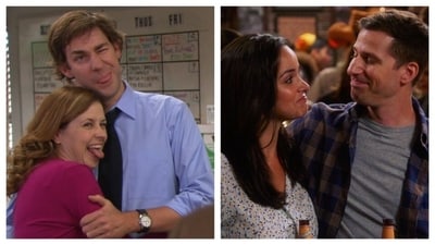 Jim and Pam(from The Office), along with Jake Peralta and Amy Santiago (from Brooklyn Nine-Nine), are some of the most iconic couples in pop culture whose relationships began in the office. (Pinterest) Jim and Pam(from The Office), along with Jake Peralta and Amy Santiago (from Brooklyn Nine-Nine), are some of the most iconic couples in pop culture whose relationships began in the office. (Pinterest)