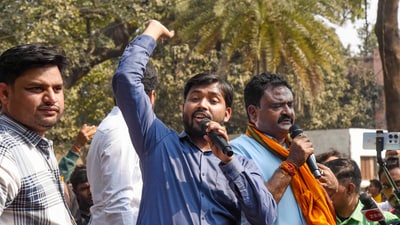 Tutor and YouTuber Faizal Khan, popularly known as Khan Sir, speaks during a protest demanding cancellation of the BPSC 70th Prelims exam, in Patna, (PTI) Tutor and YouTuber Faizal Khan, popularly known as Khan Sir, speaks during a protest demanding cancellation of the BPSC 70th Prelims exam, in Patna, (PTI)