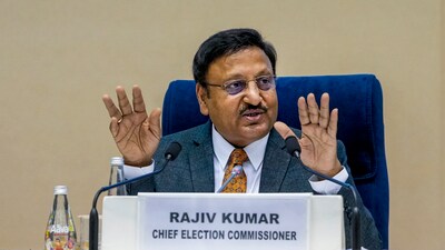 Outgoing chief election commissioner Rajiv Kumar during a press conference on October 15, 2024. (PTI) Outgoing chief election commissioner Rajiv Kumar during a press conference on October 15, 2024. (PTI)