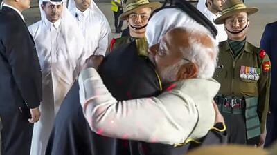 Prime Minister Narendra Modi receives The Amir of the State of Qatar Sheikh Tamim Bin Hamad Al-Thani upon his arrival in India in New Delhi. (@NarendraModi) Prime Minister Narendra Modi receives The Amir of the State of Qatar Sheikh Tamim Bin Hamad Al-Thani upon his arrival in India in New Delhi. (@NarendraModi)