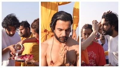 Actor Rajkummar Rao and his wife Patralekha took a holy dip in Triveni. They did many sacred rituals along with the dip. They took the dip with Sadhvi Bhagawati Saraswati.&nbsp; (PC: Instagram)