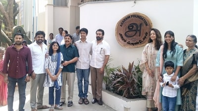 Karthi, Suriya and Jyotika posed for pictures with the family. Karthi, Suriya and Jyotika posed for pictures with the family.