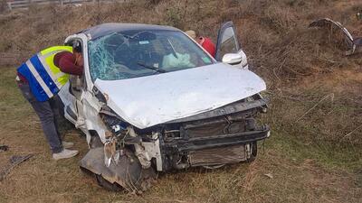 The crashed car at the Delhi-Mumbai E-way site. (Parveen Kumar/HT Photo)