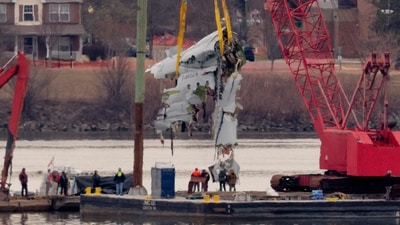 An American Airlines flight from Wichita, Kansas collided midair with a military Black Hawk helicopter while on approach to Ronald Reagan Washington National Airport on January 29, 2025 outside of Washington, DC. According to reports, there were no survivors among the 67 people onboard both aircraft. (Getty Images via AFP) An American Airlines flight from Wichita, Kansas collided midair with a military Black Hawk helicopter while on approach to Ronald Reagan Washington National Airport on January 29, 2025 outside of Washington, DC. According to reports, there were no survivors among the 67 people onboard both aircraft. (Getty Images via AFP)