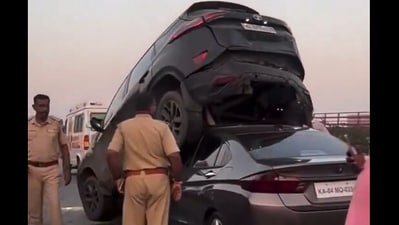 Though the crash on Bengaluru - Mysuru Expressway looked scary, no causalities were reported. Though the crash on Bengaluru - Mysuru Expressway looked scary, no causalities were reported.