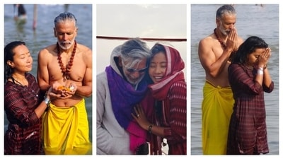 Milind Usha Soman and wife Ankita Konwar took to Instagram to share their spiritual moment of taking the shahi snan.&nbsp; (PC: Instagram)