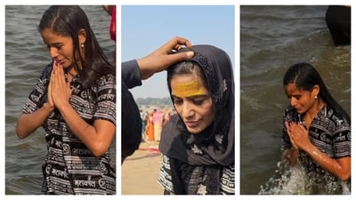Poonam Panday shared glimpses of her holy dip on Instagram. She also shared images of another devotee smearing haldi and sandalwood paste on her forehead, a holy ritual performed to seek divine blessings. (PC: Instagram)