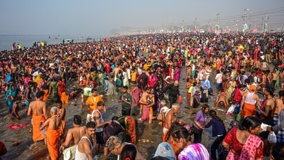 Only a week to go before the closing of the grand Maha Kumbh Mela, and devotees are rushing to the Triveni Sangam, more than ever before, just to take a holy dip at the confluence of Ganga, Yamuna and Saraswati. The festival has so far witnessed more than 52 crore devotees taking a dip at the Sangam. (PTI) Only a week to go before the closing of the grand Maha Kumbh Mela, and devotees are rushing to the Triveni Sangam, more than ever before, just to take a holy dip at the confluence of Ganga, Yamuna and Saraswati. The festival has so far witnessed more than 52 crore devotees taking a dip at the Sangam. (PTI)