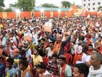 Patna, Bihar, India -May .28, 2024: BJP supporters gather during Uttar Pradesh Chief Minister Yogi Adityanath addressing a public election rally (Photo by Santosh Kumar/ Hindustan Times)