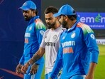 India's Rohit Sharma, Virat Kohli, and KL Rahul after the team won the One Day International (ODI) cricket series against England, at the Narendra Modi Stadium, in Ahmedabad India's Rohit Sharma, Virat Kohli, and KL Rahul after the team won the One Day International (ODI) cricket series against England, at the Narendra Modi Stadium, in Ahmedabad