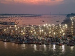Prayagraj: Devotees gather at the Sangam during the ongoing Mahakumbh Mela 2025, in Prayagraj, Tuesday, Feb. 18, 2025. (PTI Photo)(PTI02_18_2025_000276A)