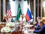 (L to R) Saudi Arabia's Foreign Minister Prince Faisal bin Farhan al-Saud, National Security Advisor Mosaad bin Mohammad al-Aiban, the Russian president's foreign policy advisor Yuri Ushakov, and Russia's Foreign Minister Sergei Lavrov attend a meeting with the US Middle East envoy, Secretary of State, and National Security Advisor together at Riyadh's Diriyah Palace on February 18, 2025. (L to R) Saudi Arabia's Foreign Minister Prince Faisal bin Farhan al-Saud, National Security Advisor Mosaad bin Mohammad al-Aiban, the Russian president's foreign policy advisor Yuri Ushakov, and Russia's Foreign Minister Sergei Lavrov attend a meeting with the US Middle East envoy, Secretary of State, and National Security Advisor together at Riyadh's Diriyah Palace on February 18, 2025.