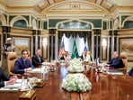 U.S. Secretary of State Marco Rubio meets with Saudi Foreign Minister Prince Faisal bin Farhan Al Saud, Saudi National Security Advisor Mosaad bin Mohammad Al-Aiban, U.S. National Security Advisor Mike Waltz, U.S. Middle East envoy Steve Witkoff, Russian Foreign Minister Sergei Lavrov and Russian President Vladimir Putin's foreign policy advisor Yuri Ushakov, at Diriyah Palace, in Riyadh, Saudi Arabia, February 18, 2025.