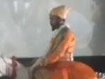 A man dressed as Chhatrapati Sambhaji Maharaj arrived on a horse inside a theatre. A man dressed as Chhatrapati Sambhaji Maharaj arrived on a horse inside a theatre.